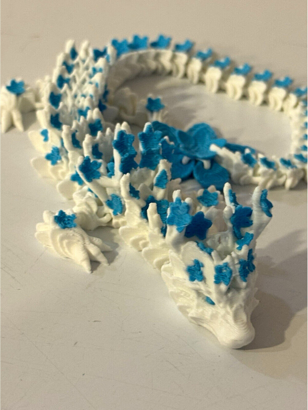 3D Printed Articulated Dragon White Blue Butterfly Flexi Fidget Toy 12 Inch